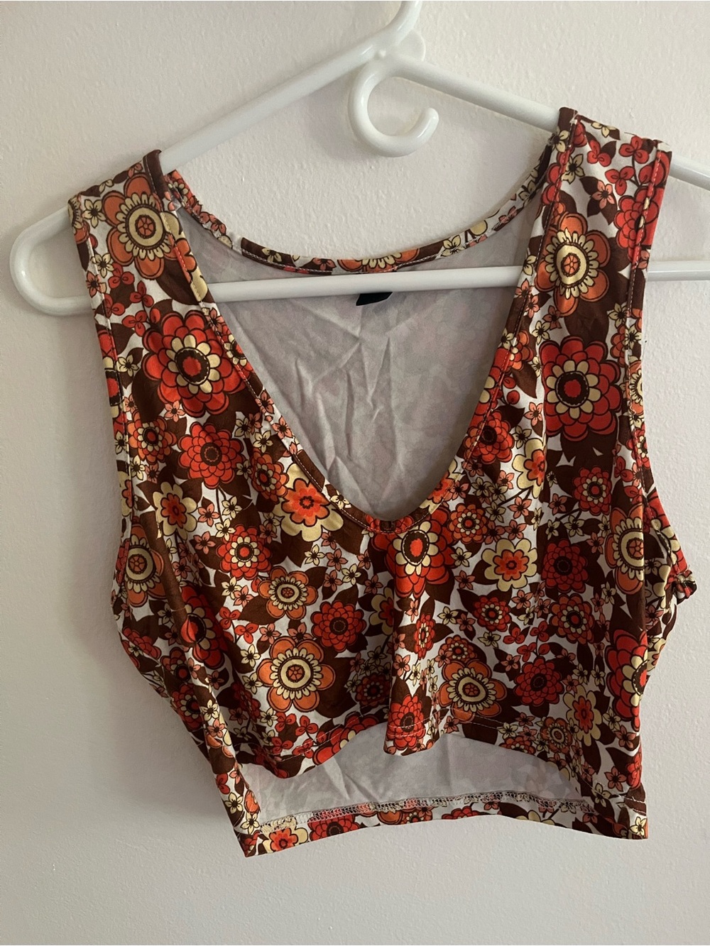 Y2K Floral V-Neck Crop Tank Top - Brown & Orange